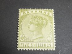 BAHAMAS 1884 5 SHILLING SAGE GREEN LIGHTLY MOUNTED MINT Fine example of this high value from Bahamas