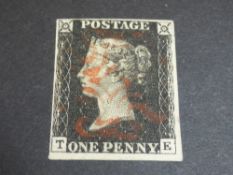 GB 1840 1D BLACK, PLATE 6, 4 MARGINS, CORNER LETTERS T E. WITH LIGHT RED MALTESE CROSS CANCEL Fine
