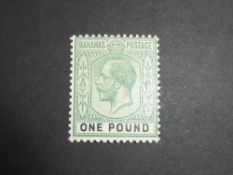 BAHAMAS 1912 £1 DULL GREEN AND BLACK MOUNTED MINT (SG89) Top value from this GV issue from 1912-