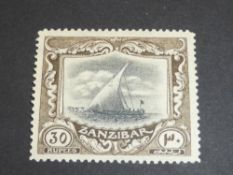 ZANZIBAR 1929 30 RUPEE BLACK AND BROWN, LIGHTLY MOUNTED MINT (SG297) Top value from this GV issue