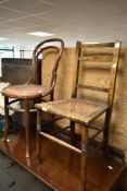 A Victorian cane seated bedroom chair (af) and a traditional bentwood dining chair
