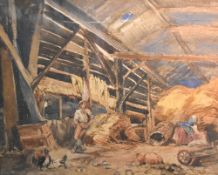 A 19th century English school watercolour, barn interior scene with figures, unsigned, within a