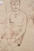 20th Century School, pen sketch, A 1930s portrait of a boy sitting by a chair, framed and under