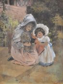 19th Century British School, watercolour/gouache, Two girls and a kitten, signed 'Flora...' to the