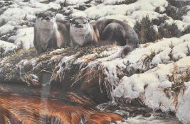 After Alan Hunt (British, born 1947) , colour print of 'Cold Start - Young Otters'. Shows two