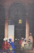Hans Hansen RSW (1853-1947, British), gouache, An Arabian interior scene with seated figures, signed