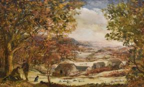 Judith da Fano, painting titled 'Valley Farm' showing a pastoral country landscape. Mid 20th