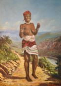 M. M Rogers (20th century) oil on canvas, a joyous African tribeswoman walking along a rural