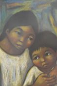 A pair of South American school coloured pastille drawings, each depicting a mother and child and