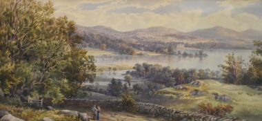 19th/20th Century School, watercolour, an attractive Victorian landscape depicting figures walking