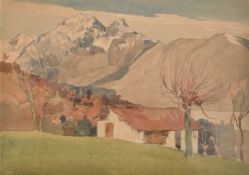 Edgar Rowley Smart (British 1887-1934) watercolour, mountainous landscape with building, signed