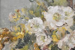A Jowett (20th century) oil on board, still life study of flowers, signed lower left, within a