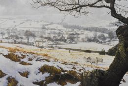After Keith Melling. Colour print of 'Pendleside in Winter, Lancashire' from original oil