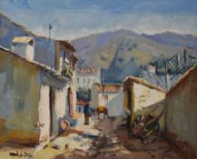 Pedro Mendola (20th century South American school) oil on canvas, rural village street scene, signed