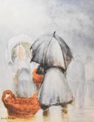 After Luc Le Beau (b1928) two coloured prints, figures in the rain 61cm x 47cm overall & 55cm x 45cm