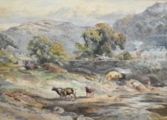 A 19th century English school watercolour, cattle watering as horses cross a rural bridge, all