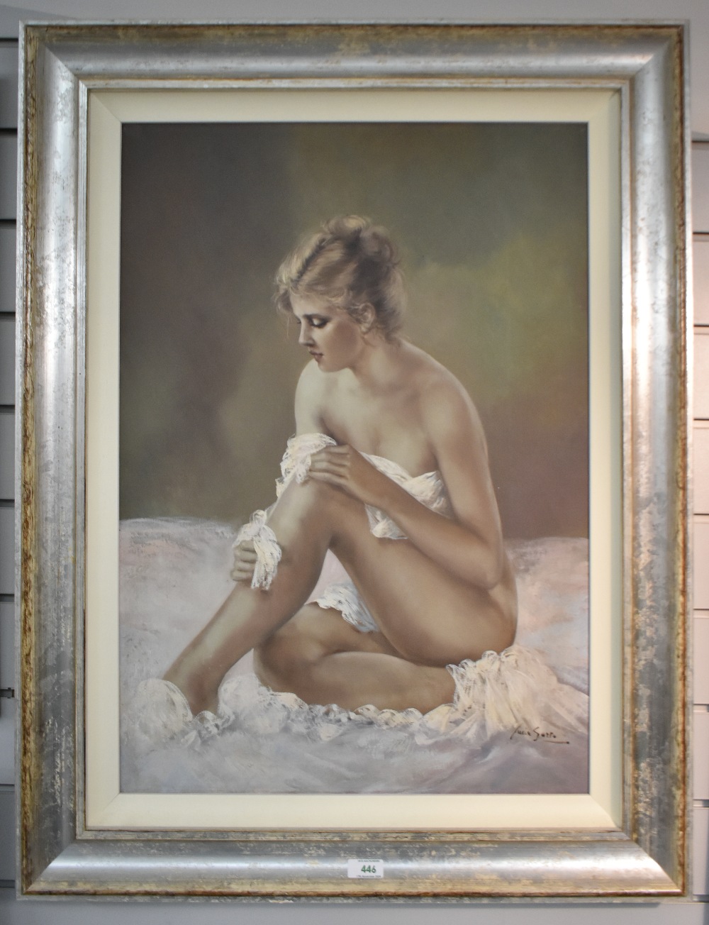 Lucia Sarto (Italian b.1950) oil on canvas, an attractive young woman seated and partially draped - Image 2 of 4