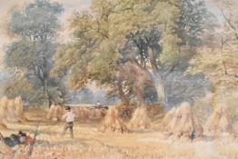 William Hull (British 1820-1880) watercolour, harvest time with corn stooks, signed and dated 1852
