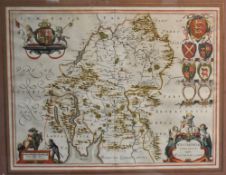 After Johannes Blaeu (Dutch 1596-1673) a hand coloured engraved map of 'Westmoria Comitatvs Anglice'