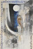 Meg Falconer (local Contemporary) an attractive gouache and mixed media 'Owl of Wisdom' a perched