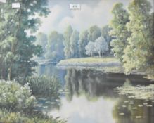 After E Gaufrioun, a colour print showing a soothing landscape scene, with trees, pond and lily