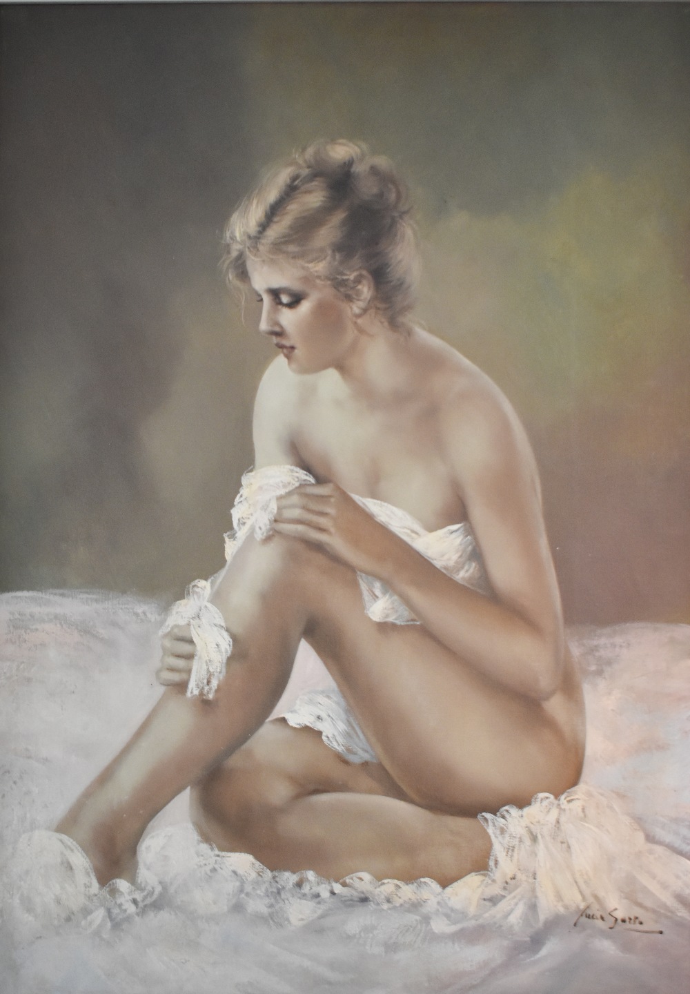 Lucia Sarto (Italian b.1950) oil on canvas, an attractive young woman seated and partially draped