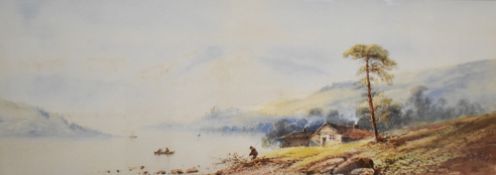 19th Century School, watercolours, Two idyllic landscapes with lakes, mountains, and fishing