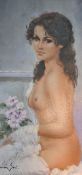 Lucia Sarto (Italian b.1950) oil on canvas, an attractive semi nude young woman seated and partially