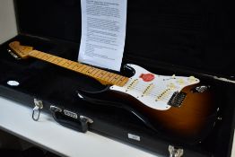 A 2012 Fender FSR Classic Player 50s Stratocaster having nitro finish in two tone sunburst with