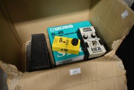 Four guitar pedals, Boss Sl-20 slicer, Jen Cry baby Super, HFX Chorus Flanger, MXR Micro Chorus