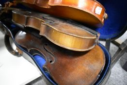 Three assorted violins for spares or repair