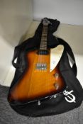 An Epiphone Firebird style electric mandolin or ukulele , with branded gig bag