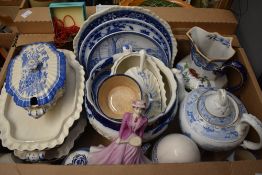 A selection of assorted blue and white items including three lidded terrines in willow pattern, a
