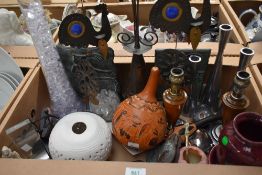 Two vintage Peruvian style hand carved gourds one being styled as a fish, a tall narrow glass