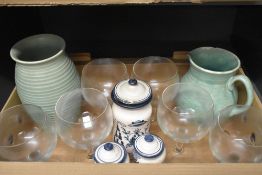 A Lovatts ridged vase in green and a similar jug AF, six gin balloon glasses having coin banding and