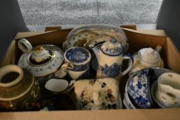 A small selection of blue and white ware including a lidded jar and teapot, bowls and plates, a