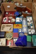 A collection of display thimbles including Aynsley, three gentlemans hip flasks, a soapstone trinket
