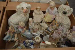 Two Staffordshire flatback mantle dogs, a collection of assorted Capo Di Monte style figurines and a