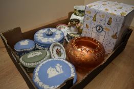 Four Jasper ware trinket boxes, a boxed Border Fine Arts musical Beatrix Potter 'Mrs Tiggywinkle'
