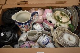 A collection of six teapots in assorted sizes and an Oriental style display plate etc.