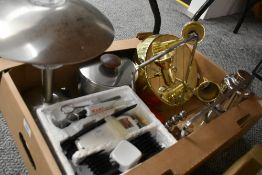 A miscellaneous selection of items including a modern brass ceiling light, a solar table lamp, a set