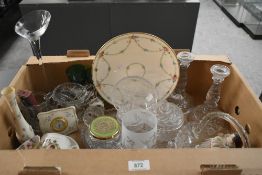 A vintage cut glass dressing table set including tray, candlesticks and dishes, a Lenox China bud