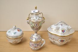 A group of four attractive 20th century Dresden porcelain lidded items, comprising urn with rams
