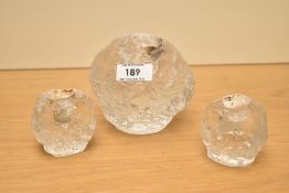 A 1970s Kosta Boda textured glass snowball candle holder, 10cm, sold alongside another pair of