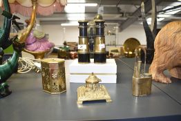 A selection of late 19th / early 20th century brass wares to include, inkwell, binoculars, trinket