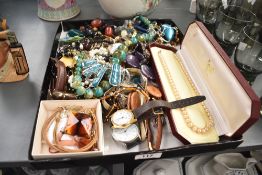 A collection of costume jewellery, including a boxed set of Lotus imitation pearls, wristwatches,