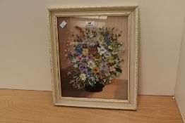 A late 20th century hand-crafted mixed media pressed still life scene using fabric scraps and