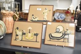 A set of three Art Deco style sihouette 'Bobella' pictures depicting a lady at desk, a lady in bed