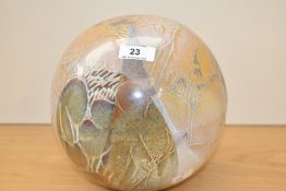 A studio pottery sphere sculpture paperweight, large crack running through, 20cm