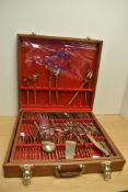 A modern oak canteen of cast nickle bronze plated cutlery, impressed factory mark 'thailand',